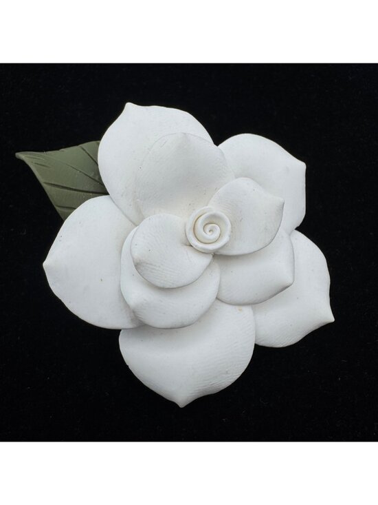 Artist Jewelry - Figural Camellia Gardenia Floral Brooch Polymer Clay Signed Boutonniere Wedding